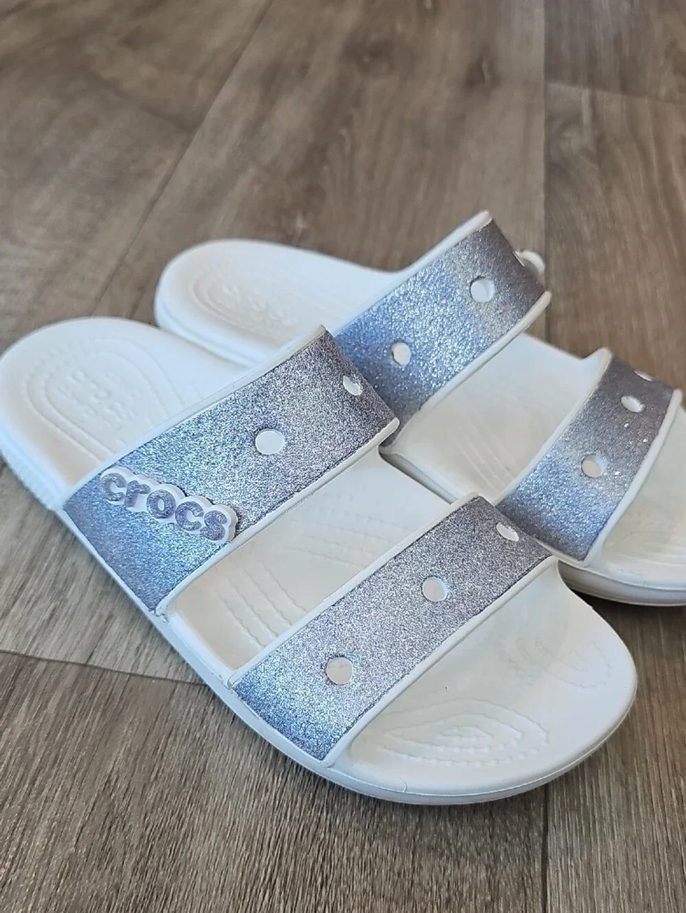 CROCS Kids' Older Girl Size 6 Glitter Double-Strap Slide Sandals.
